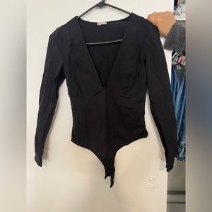 Free People (Intimately) long sleeve low cut black bodysuit with snap closure